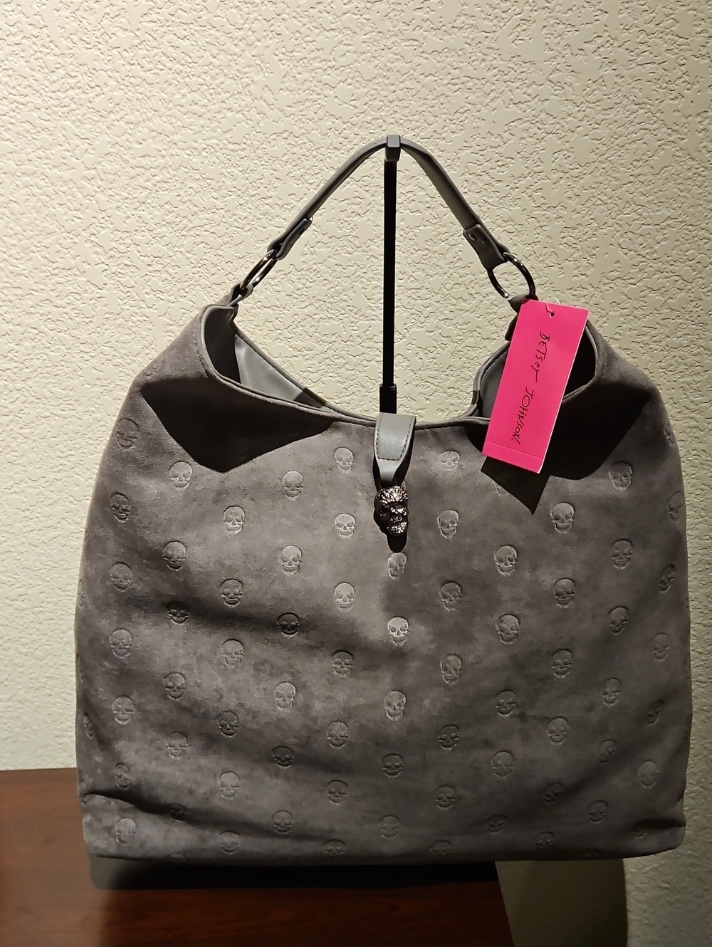 Betsey Johnson - Gray Faux Suede Skull Shoulder Purse - XOTELLY